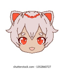 Cute anime schoolgirl face. Pixel smile for the chat girl. Emoji. Manga Chibi. Coloring by squares.
