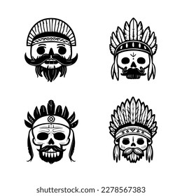 cute anime skull head wearing indian chief accessories collection set hand drawn illustration