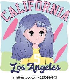 cute anime sport girl illustration with california los angeles city varsity slogan