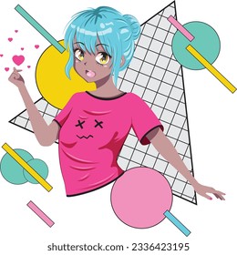 Cute anime teen girl with blue hair in pink shirt.