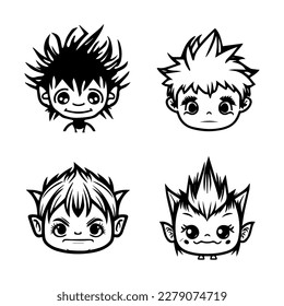 A cute anime troll head collection set featuring Hand drawn line art illustrations. Perfect for fans of fantasy creatures and kawaii art