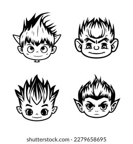 A cute anime troll head collection set featuring Hand drawn line art illustrations. Perfect for fans of fantasy creatures and kawaii art