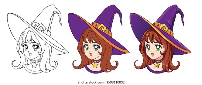 Cute anime witch girl portrait. Three versions: contour, flat colors, cell shading. 90s retro anime style hand drawn vector illustration. Isolated on white background. 