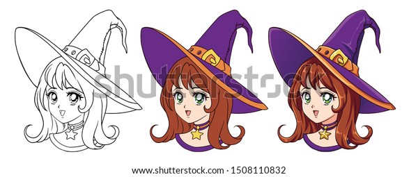 Cute Anime Witch Girl Portrait Three Stock Vector Royalty Free