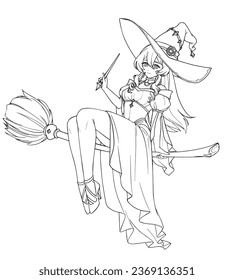 Cute anime witch. Hand drawn vector contour illustration for coloring book. 