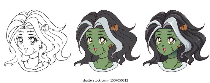 Cute anime zombie girl portrait. Three versions: contour, flat colors, cell shading. 90s retro anime style hand drawn vector illustration. Isolated on white background. 