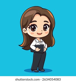 A cute anime-style businesswoman with long brown hair, large eyes, and a friendly smile holds a black folder.