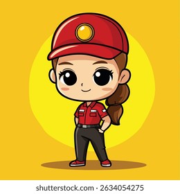A cute anime-style female character, wearing a red cap, red shirt, and black pants, smiles confidently.