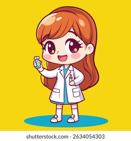 A cute anime-style female doctor, long reddish-brown hair, holds a small medicine bottle, smiling brightly.