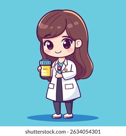 A cute anime-style female doctor, in a white coat, holds a yellow medicine bottle. She smiles warmly.