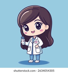 A cute anime-style female doctor, in a white coat, smiles while holding a medicine bottle.