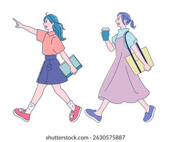 Cute anime-style female student walking, full body
