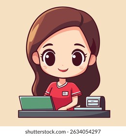 A cute anime-style girl with brown hair smiles while working at a counter, using a laptop and a card reader.