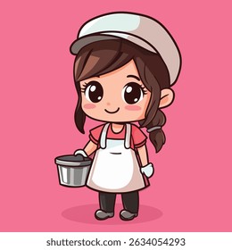 A cute anime-style girl chef, wearing a white apron and cap, holds a metal bucket. She smiles sweetly.