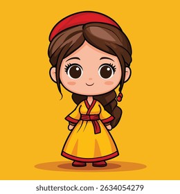 A cute anime-style girl, front view, wears a vibrant yellow hanbok with red accents and a matching red bonnet. Her large eyes and braided hair complete the charming look.