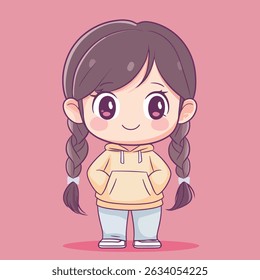 A cute anime-style girl with long braids, wearing a pale yellow hoodie and light blue pants, smiles cheerfully.