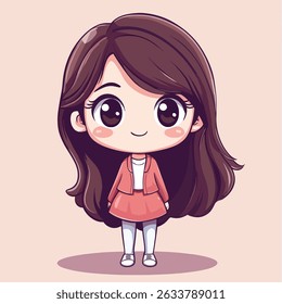 A cute anime-style girl with long brown hair, wearing a coral jacket and skirt, stands with a gentle smile.
