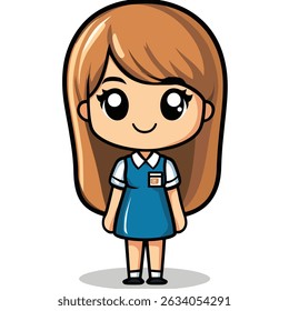 A cute anime-style girl with long brown hair, large eyes, and a friendly smile, wearing a blue uniform and white collar.