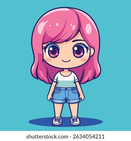 A cute anime-style girl with vibrant pink hair, a white and teal shirt, and denim shorts stands smiling.