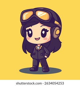 A cute anime-style girl, wearing a dark suit, goggles, and headphones, smiles cheerfully.