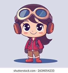 A cute anime-style girl, wearing a red jacket, goggles, headphones, and boots, smiles cheerfully.