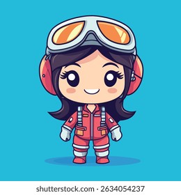 A cute anime-style girl, wearing a red jumpsuit, large goggles, and earmuffs, smiles cheerfully.