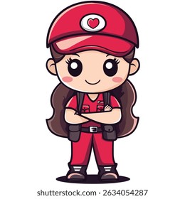 A cute anime-style girl, wearing a red cap with a heart, red uniform, and backpack, stands with arms crossed.