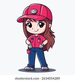 A cute anime-style girl, wearing a red cap and uniform, confidently stands with hands on hips, a tool belt at her side.