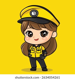 A cute anime-style girl, wearing a yellow uniform and matching cap, smiles confidently.