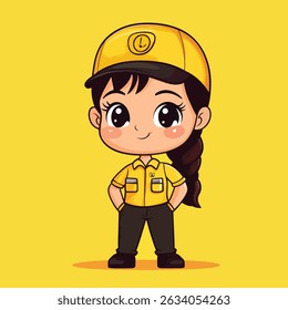 A cute anime-style girl, wearing a yellow uniform, cap, and black pants, stands with hands in pockets.