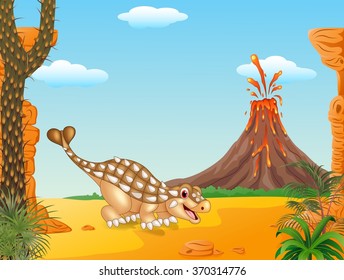 Cute ankylosaurus dinosaur character in the prehistoric background