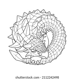 Cute ankylosaurus sleeps curled up on a white background. Prehistoric world of dinosaurs. Vector line graphics for coloring books