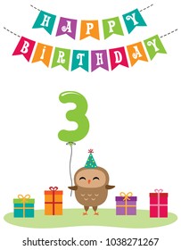 Cute anniversary card with owls. Vector editable template with balloon number for third birthday party