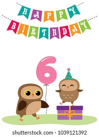 Cute anniversary card with owls. Vector editable template with balloon number for 6th birthday party