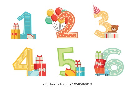 Cute Anniversary Numbers with Gift Boxes and Colorful Balloons Set, Kids Birthday Party Design Elements Cartoon Vector Illustration