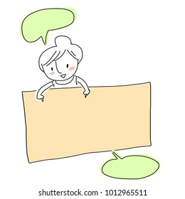 Cute announcement concept with woman smiling and pointing fingers to the blank sign board. Blank word balloons included. Vector illustration with hand-drawn style.