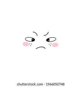 Cute annoyed kawaii face expression clipart isolated on white. Funny angry facial illustration. Simple minimalistic cartoon character graphic design