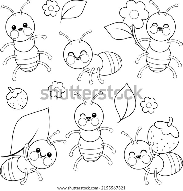 Cute ant\
bugs. Vector black and white coloring\
page.