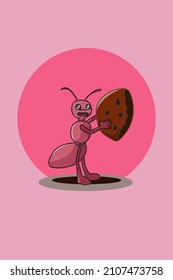 Cute ant with cake character design illustration