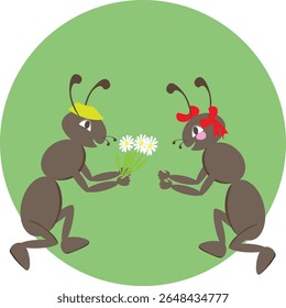 Uma formiga bonitinha num boné dá flores a uma formiga com arcos vermelhos.