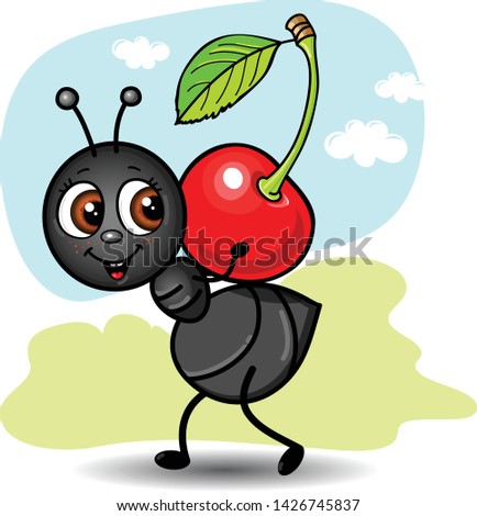 Cute Ant carrying a cherry - stock illustration