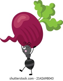 Cute ant carrying a fresh radish beet beetroot vegetable
