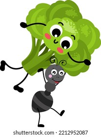 Cute ant carrying a funny broccoli mascot