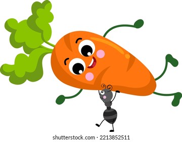 Cute ant carrying a funny carrot mascot