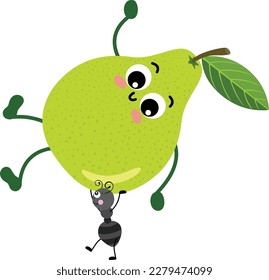 Cute ant carrying a funny green pear mascot