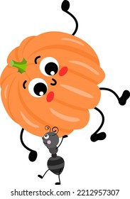 Cute ant carrying a funny pumpkin mascot
