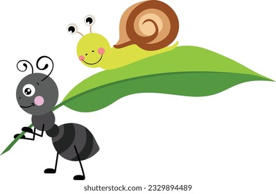 Cute ant carrying a green leaf with little snail