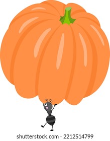 Cute ant carrying a orange pumpkin

