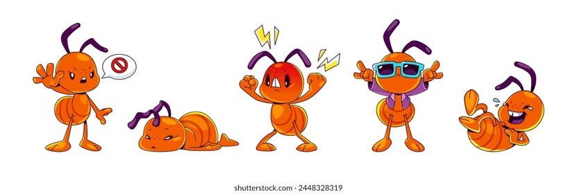 Cute ant cartoon character in different poses and face emotions. Comic vector funny brown insect with stop gesture, tired or sad laying on floor, angry with lightnings and laughing, cool in glasses