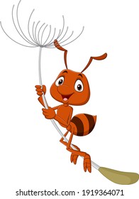 Cute ant cartoon flying with dandelion